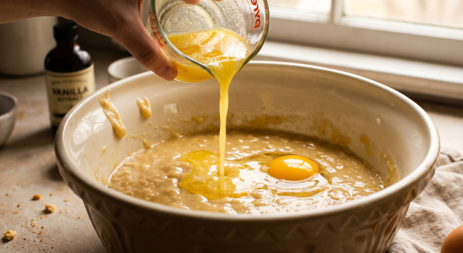 Pouring melted butter and egg into mashed banana mixture in a large mixing bowl