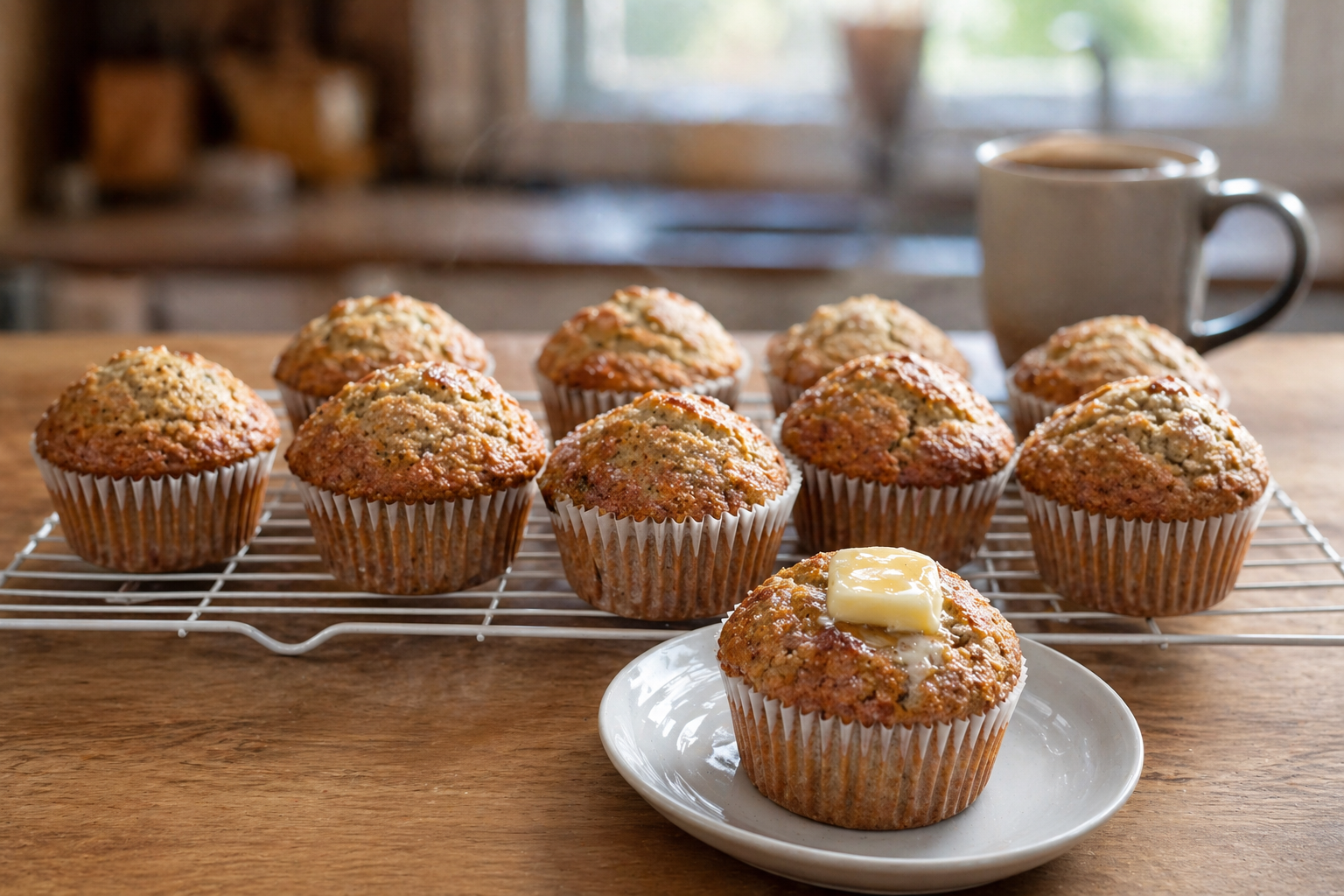 Freshly baked banana muffins cooling on a wire rack, one on a plate with butter melting on top