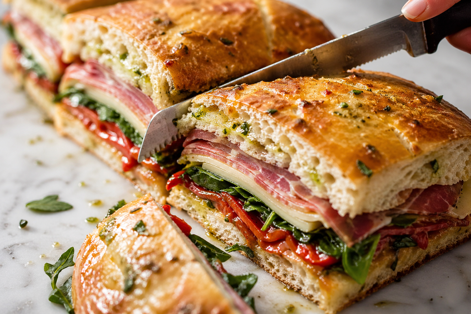 Pressed Italian sandwich sliced to reveal gorgeous compact layers — ready for the picnic basket