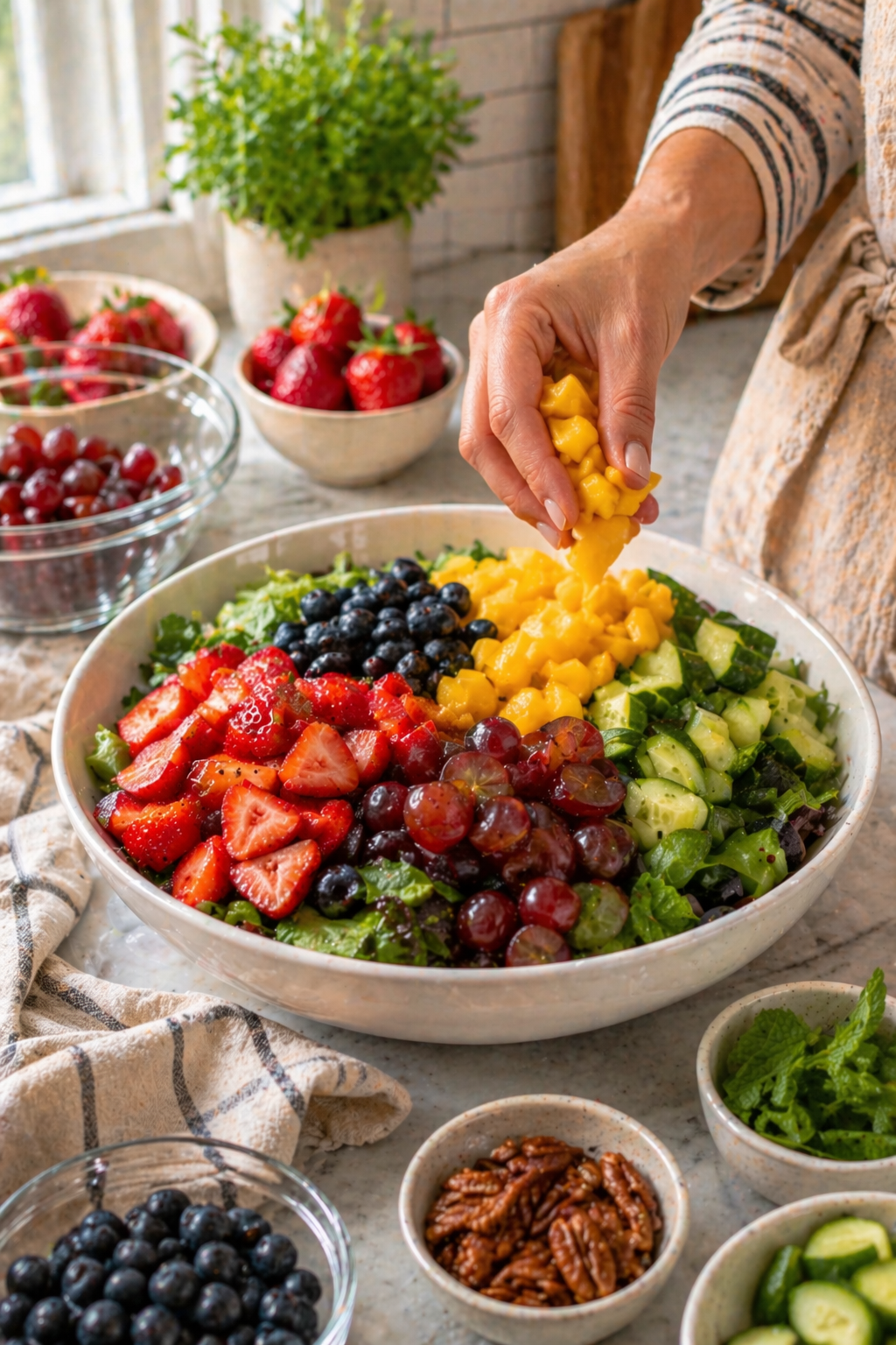 Building the salad bowl — hand dropping mango chunks onto arranged strawberries, blueberries and grapes over greens
