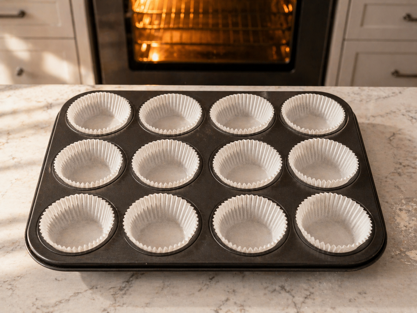 12-cup muffin tin lined with white paper cups, preheated oven glowing in the background
