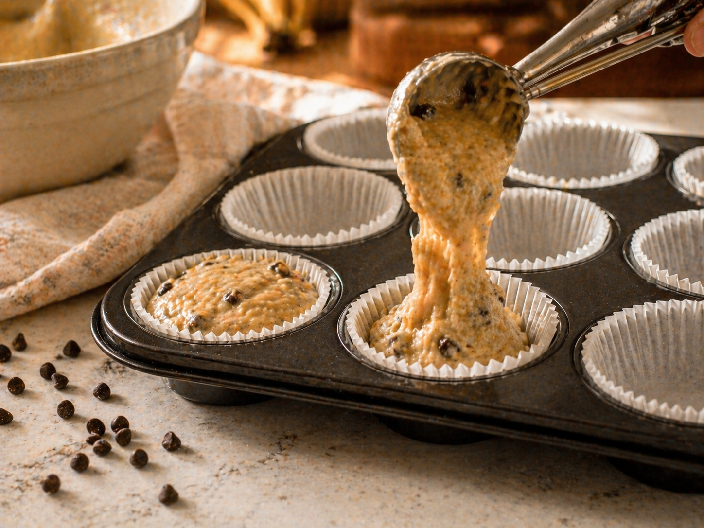 Scooping banana chocolate chip muffin batter into lined muffin tin