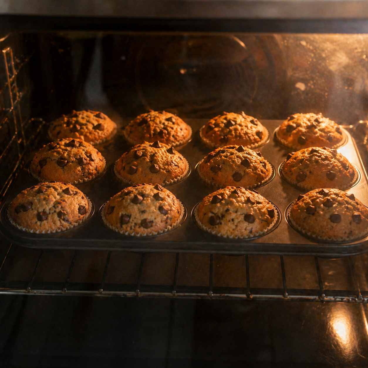 Chocolate chip muffins baking inside a hot oven with golden domed tops rising