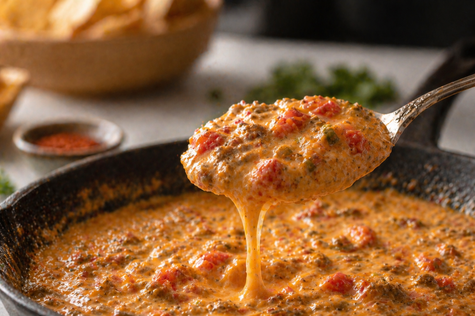 Smooth, creamy Rotel dip in a skillet being tasted with a spoon — the dip fully melted and glossy