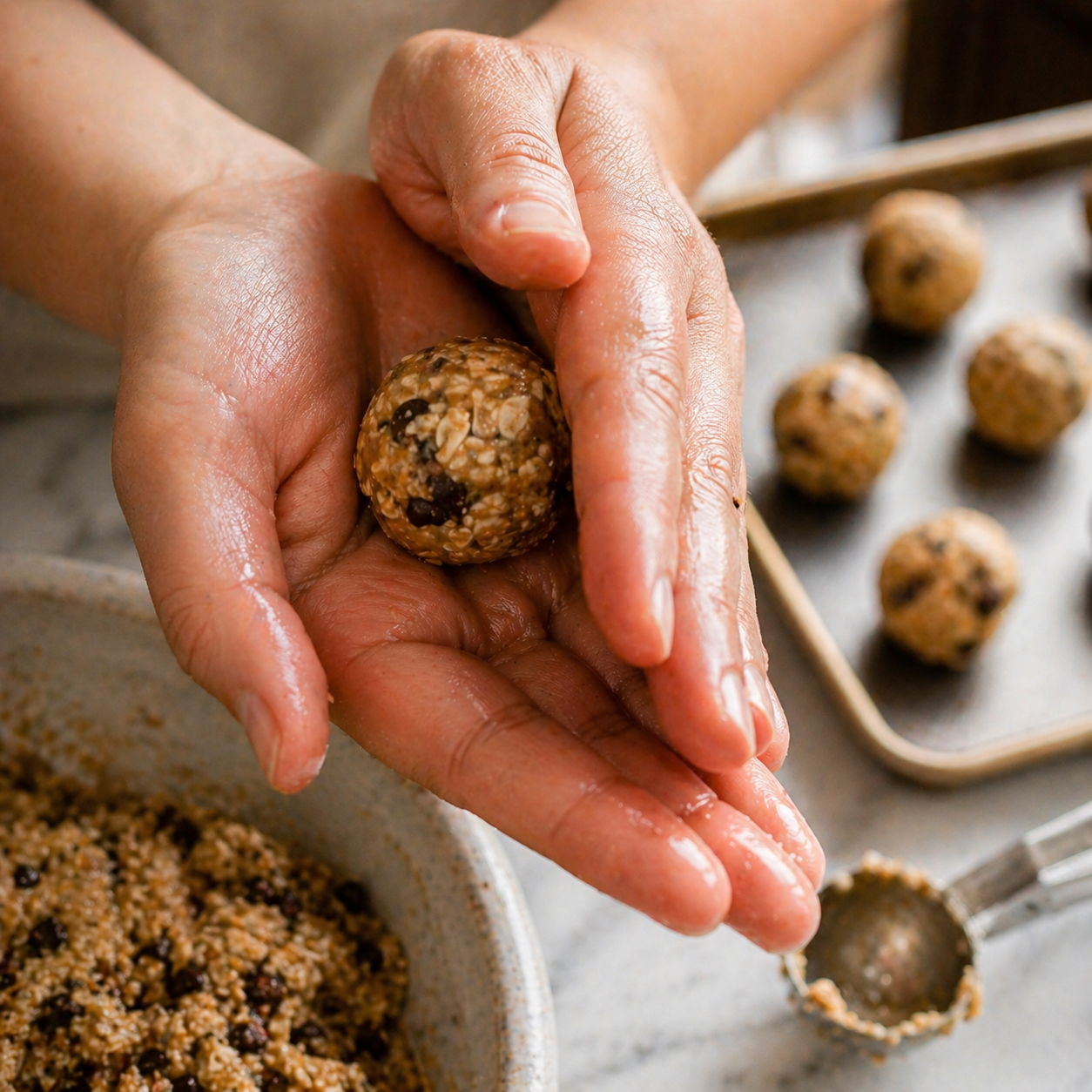 Rolling chilled energy ball mixture between palms into smooth round balls