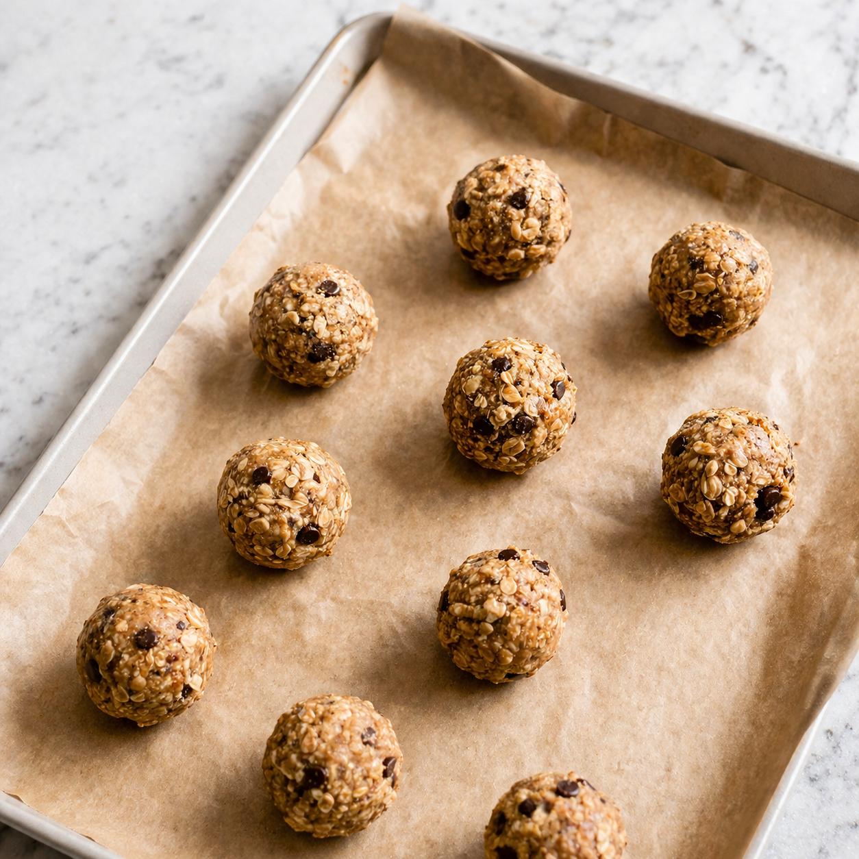 Rolled energy balls placed on a parchment-lined tray — evenly spaced and ready to chill