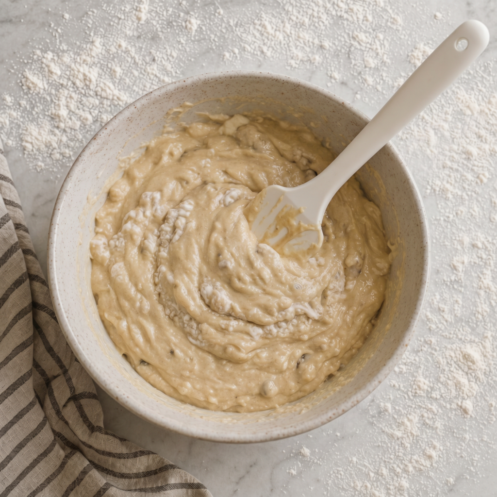Muffin batter in bowl with chocolate chips folded in, ready to scoop