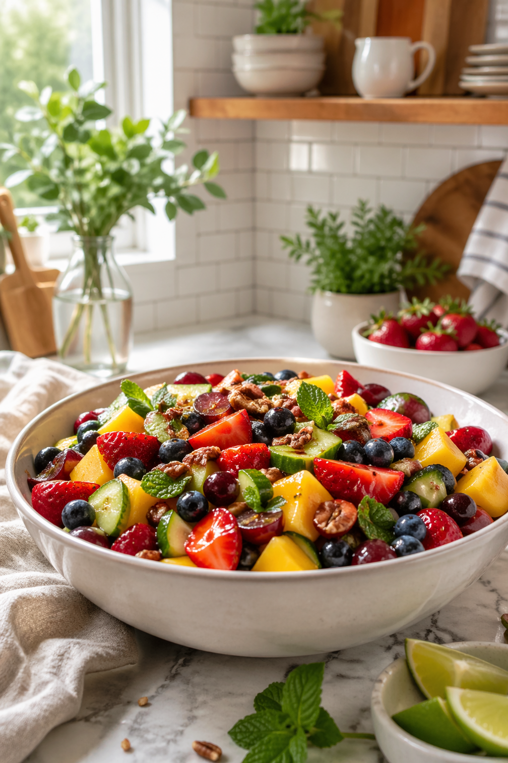 Summer Glow Fruit and Crunch Salad fully assembled — colorful, fresh and beautiful