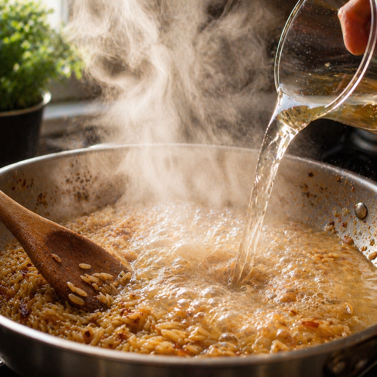 Pouring broth into the orzo and garlic butter base — liquid sizzling in the pan