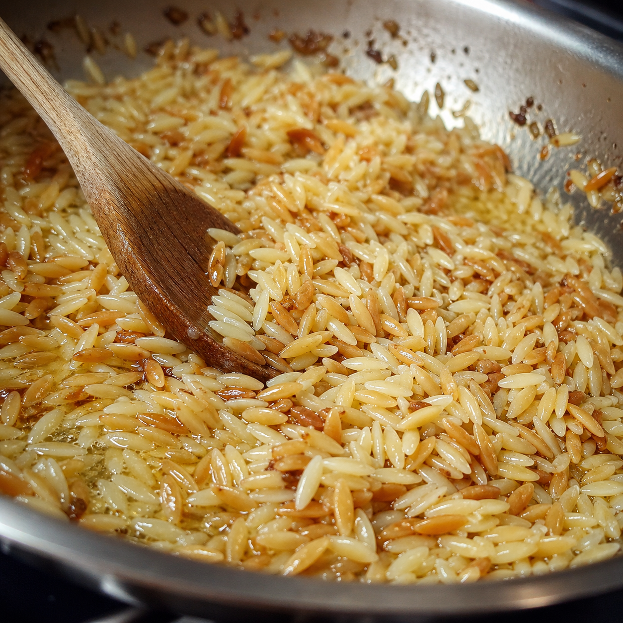 Dry orzo toasting in garlic butter in the skillet — light golden color
