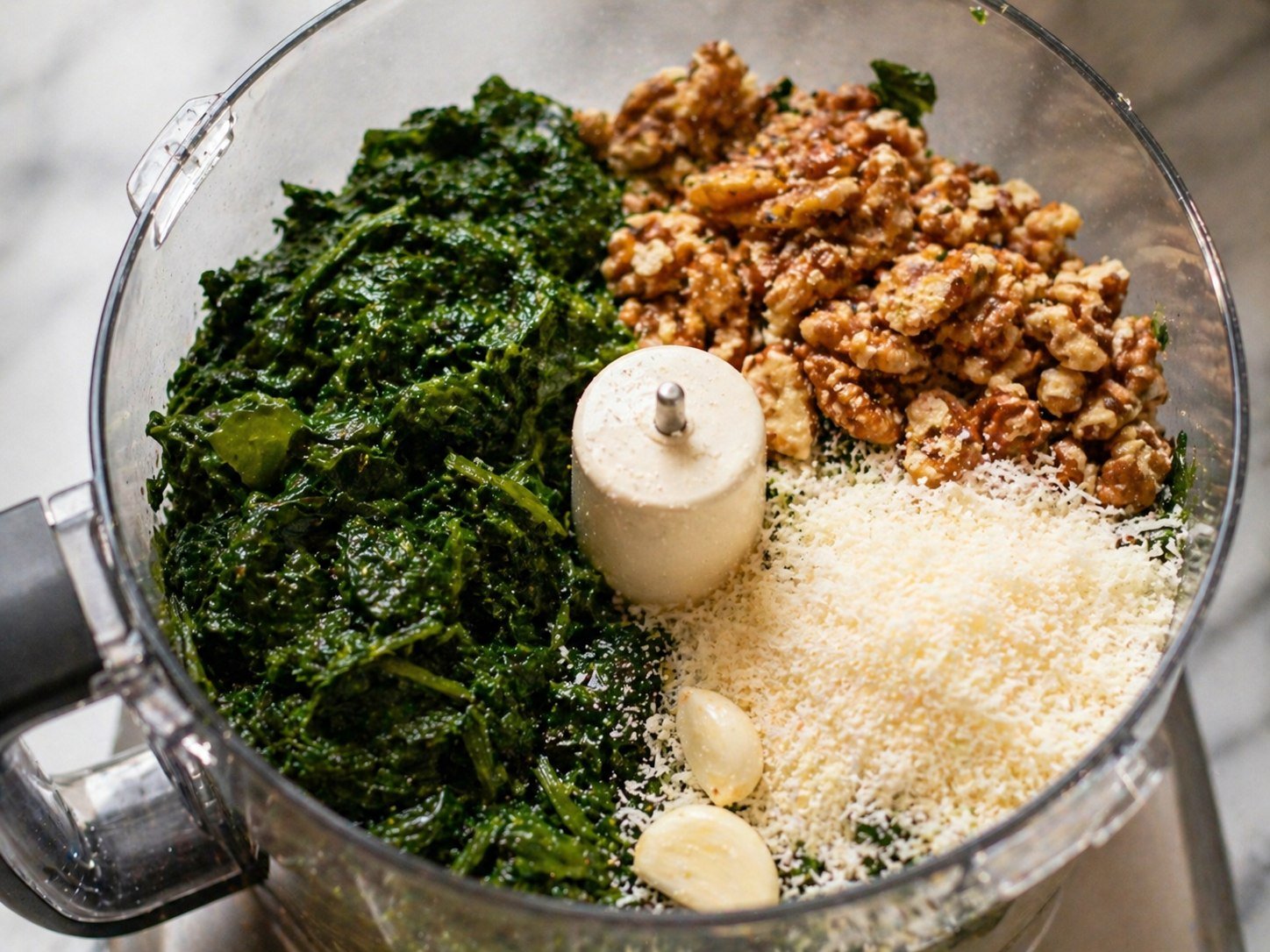 Dandelion leaves, garlic, walnuts and Parmesan in a food processor before blending
