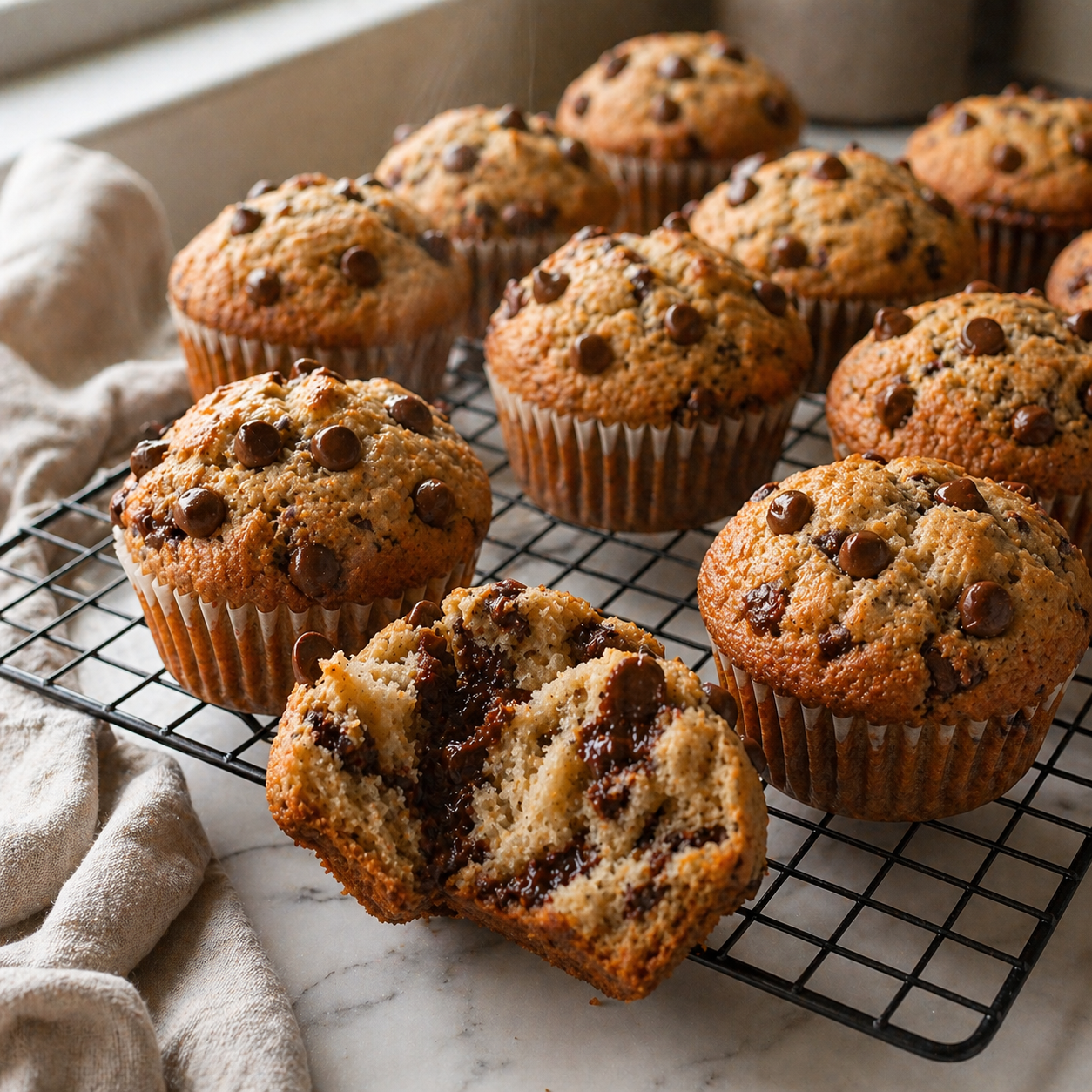 Bakery-style chocolate chip muffins with tall domed tops fresh from the oven