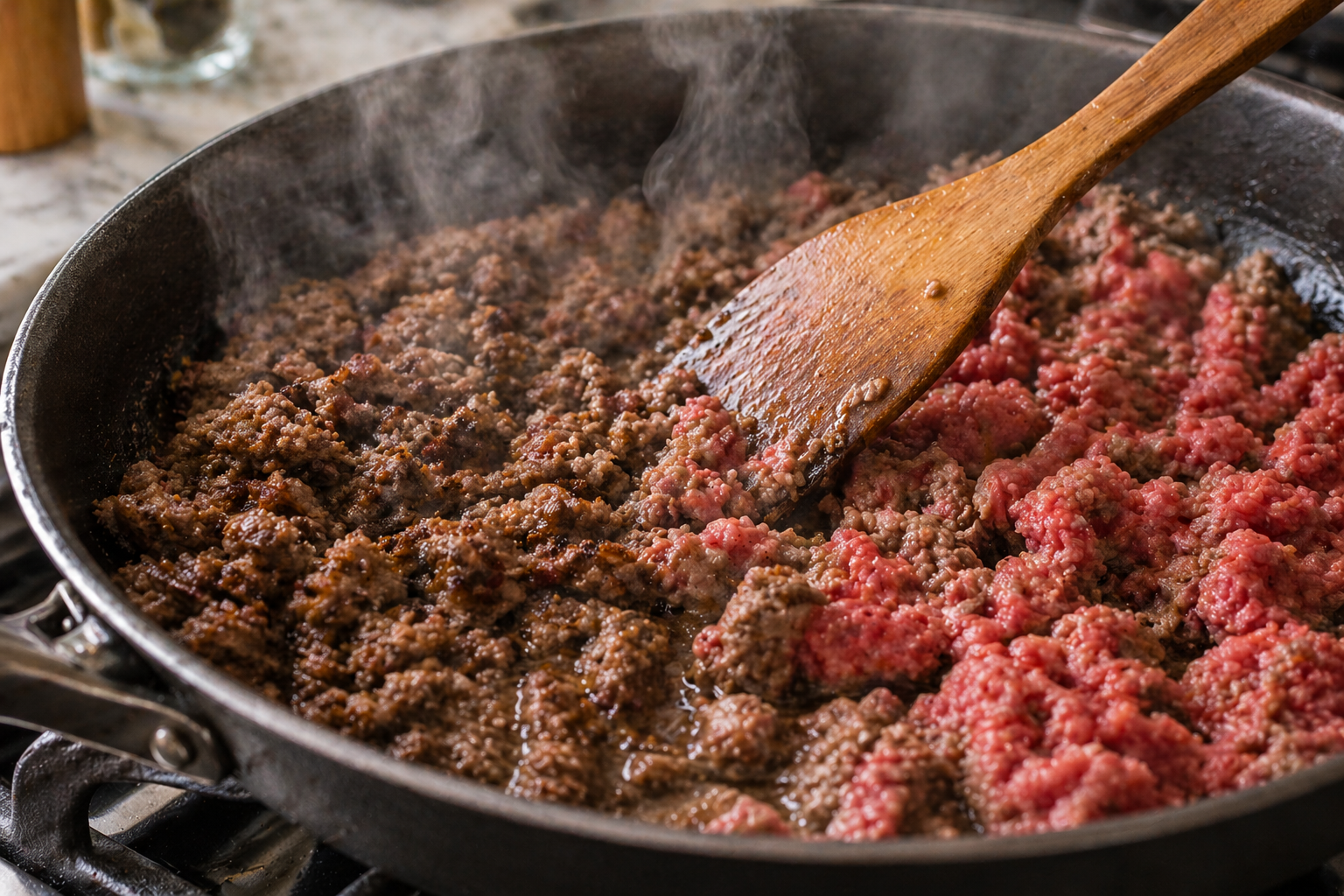 Ground beef browning in a large skillet over medium-high heat, broken apart with a spatula