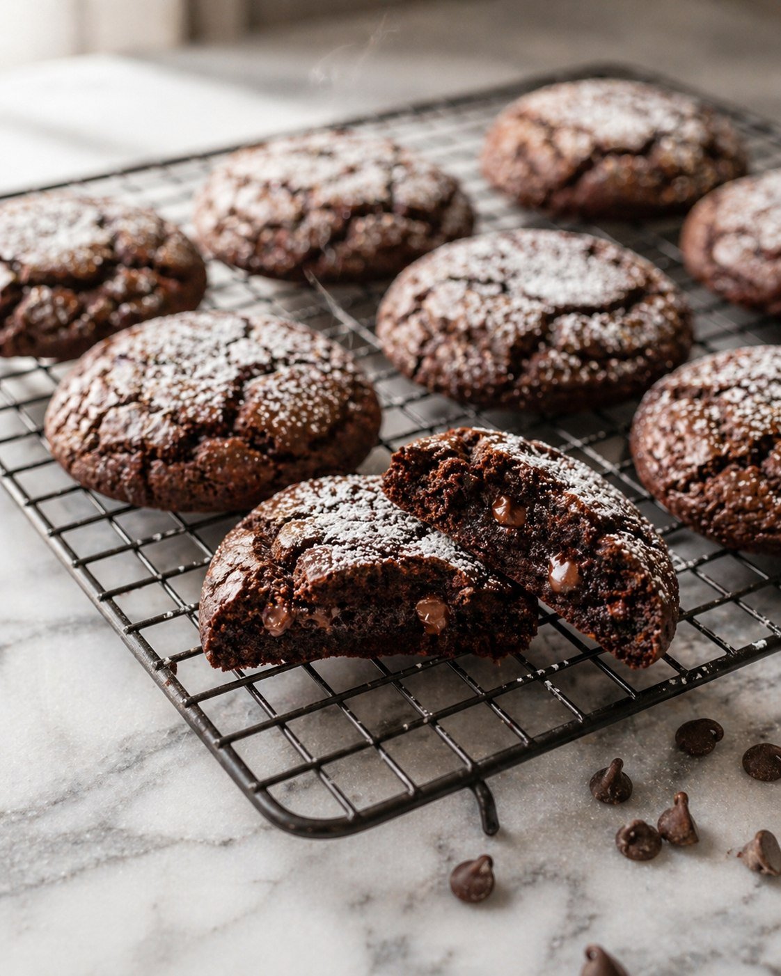 Fudgy brownie crinkle cookies cooling on a dark wire rack on marble — one cookie broken in half in the foreground showing a gooey, fudgy chocolate interior with melted chocolate chips, powdered sugar dusted over the tops, chocolate chips scattered around