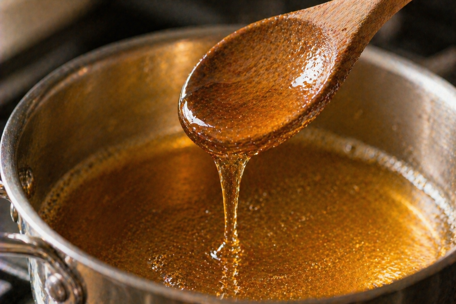 Dandelion syrup reducing on low heat — thickening to a glossy amber-gold consistency