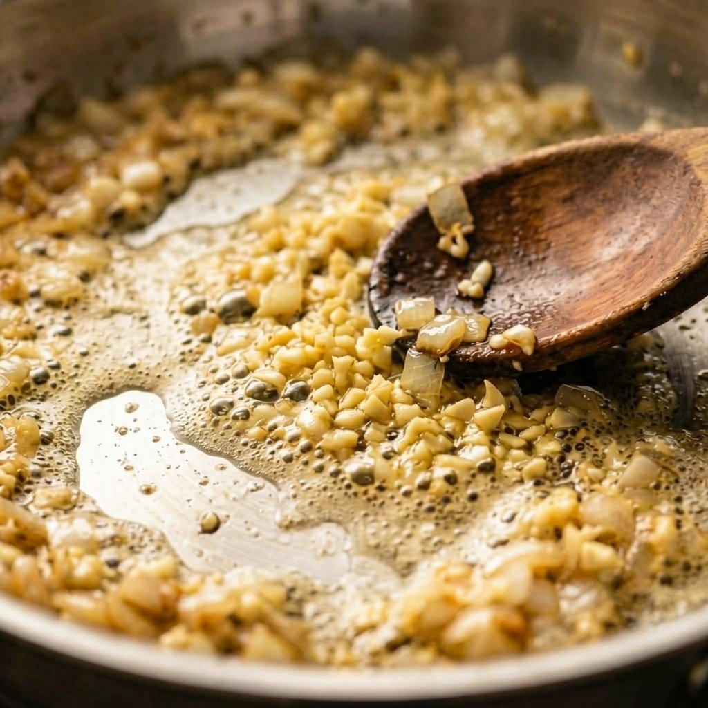 Garlic and onion sautéing in butter and olive oil in the skillet — golden and fragrant
