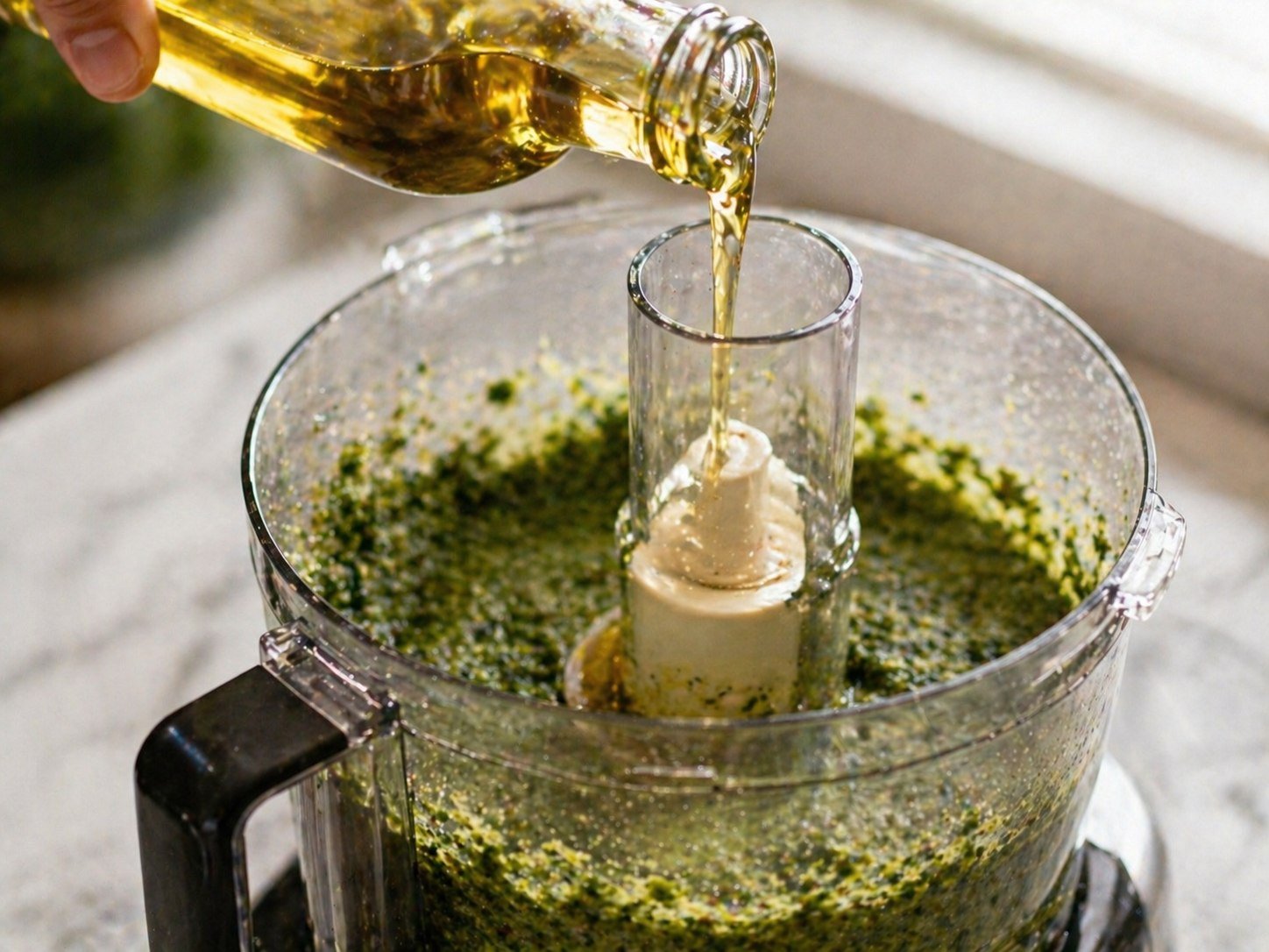 Drizzling olive oil into the food processor while blending the pesto smooth