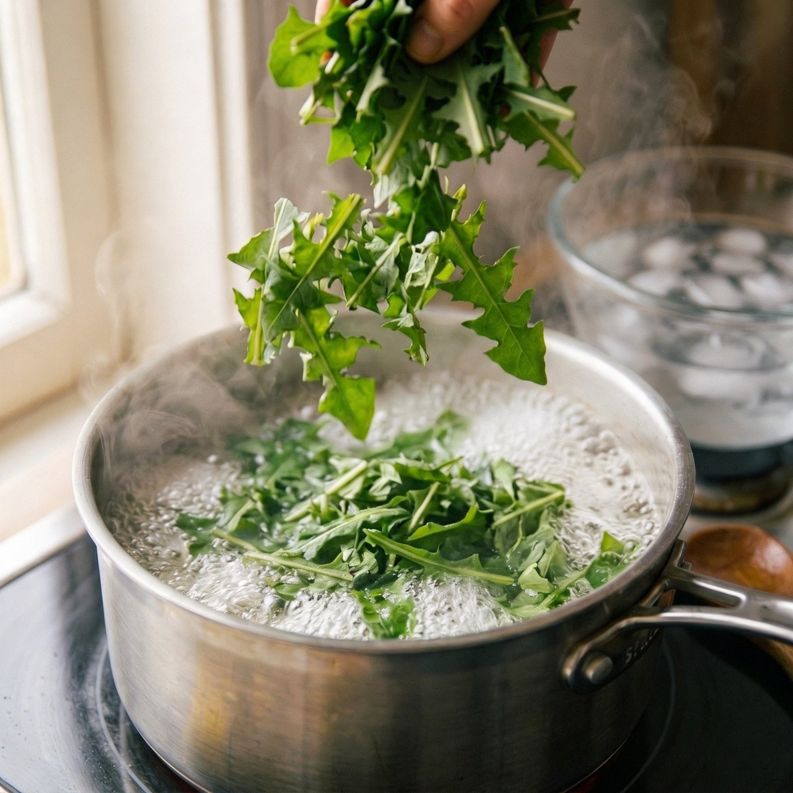 Dandelion leaves blanching in boiling salted water then transferred to an ice bath