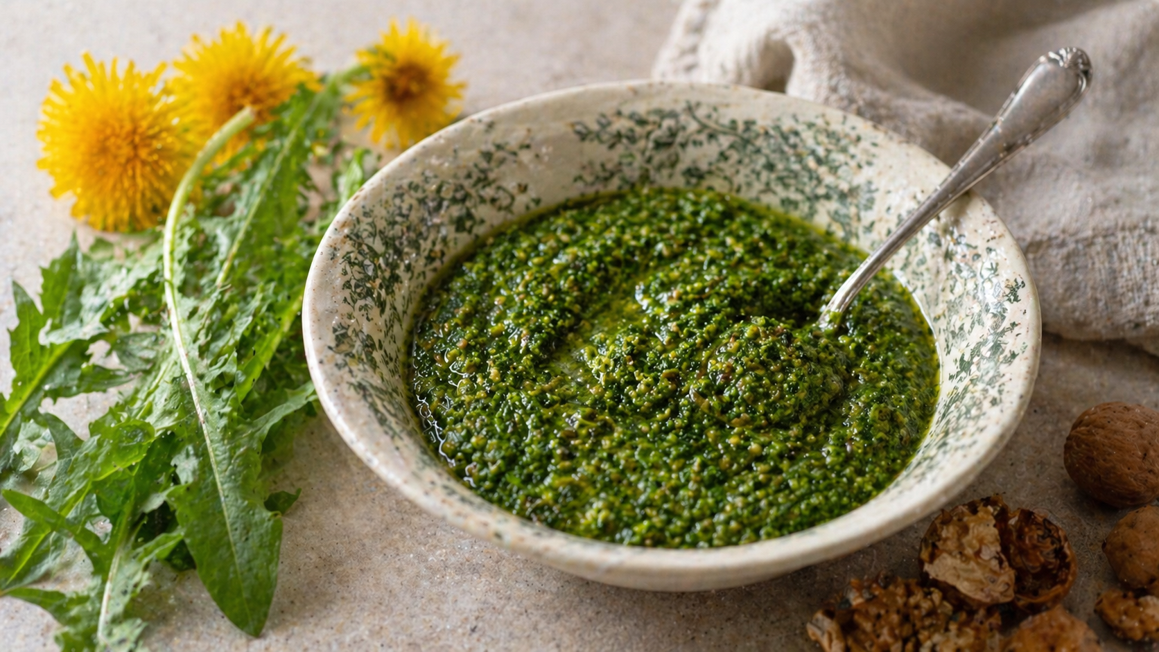 Dandelion greens pesto in a jar — deep green, earthy and garnished with toasted walnuts