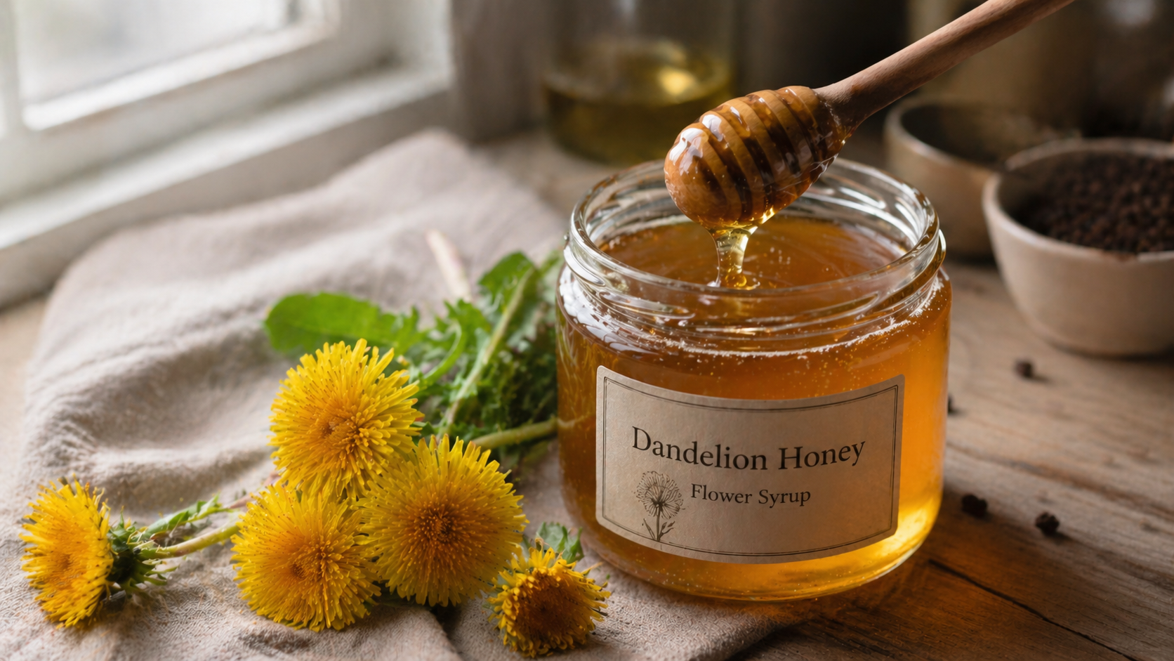 Dandelion honey flower syrup in a glass jar — deep golden amber color, thick and glossy