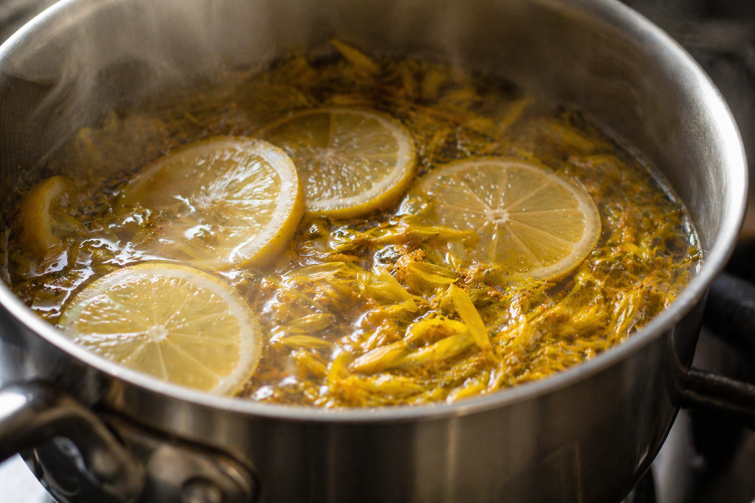 Dandelion petals and sliced lemon simmering in water — liquid turning a gorgeous golden yellow