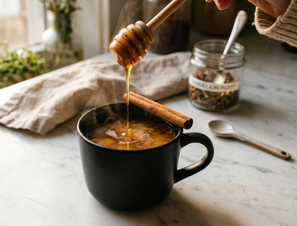 Finished dandelion root coffee strained into a ceramic mug with oat milk and honey — warm and cozy
