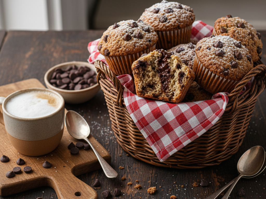 Bakery-style chocolate chip muffins in a wicker basket with a gingham cloth and cappuccino