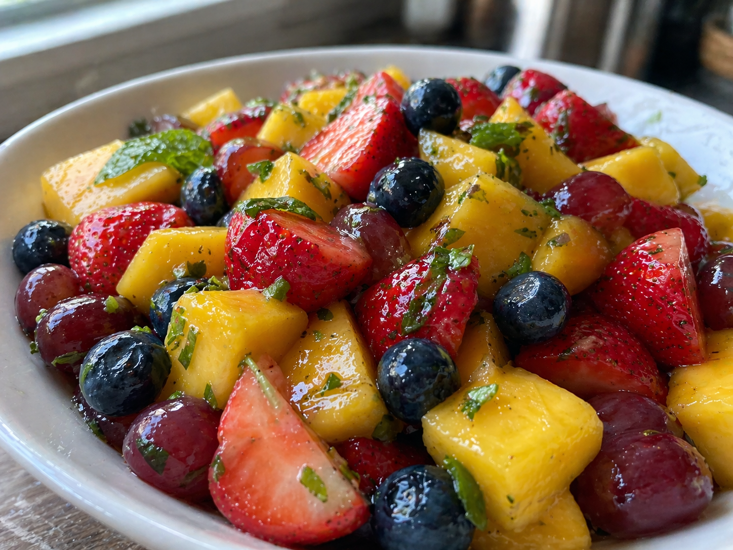 Close-up of the finished salad with strawberries, mango, blueberries, candied pecans and mint in a wide bowl