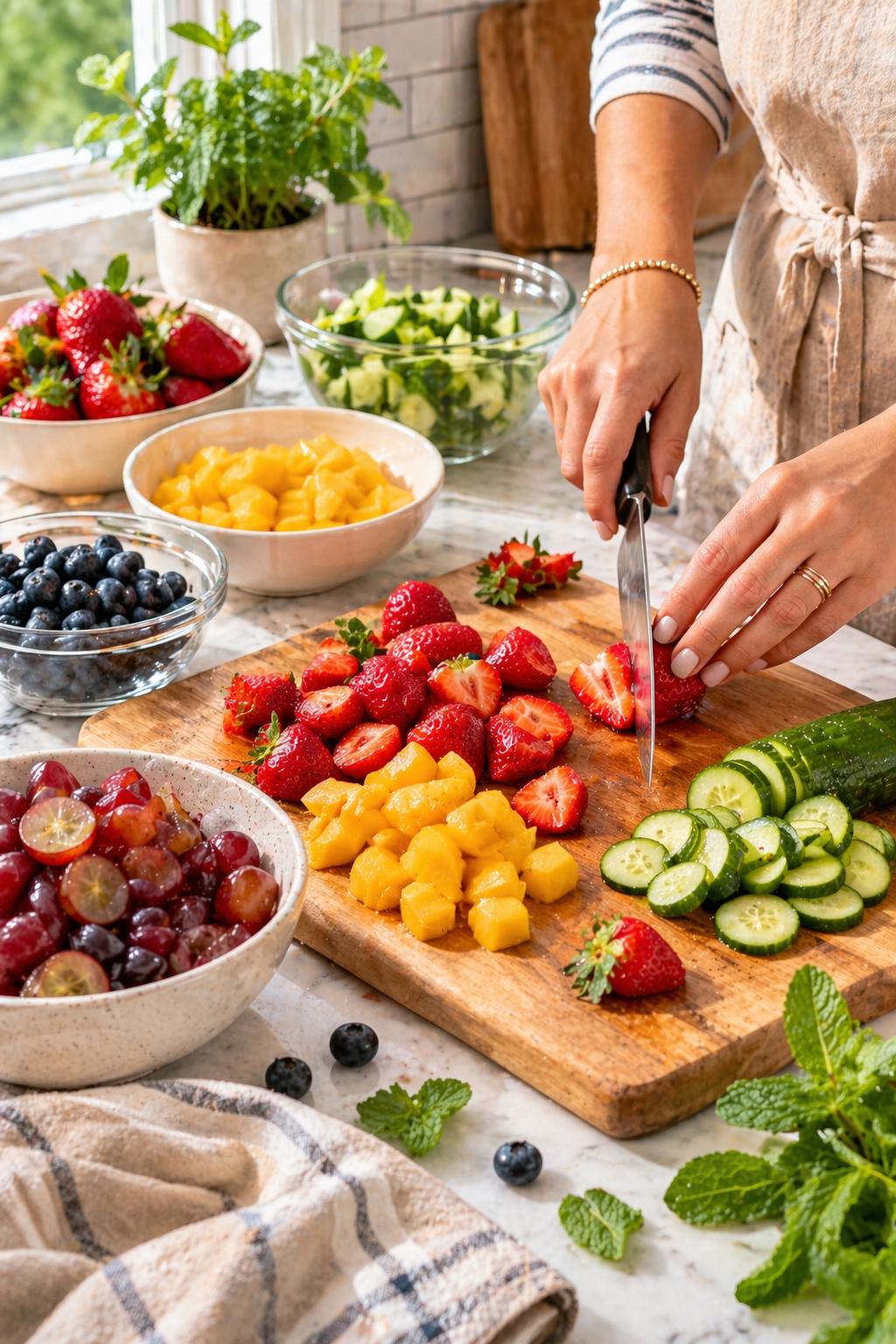 Hands cutting strawberries, mango and cucumber on a wooden board with all fruits prepped around