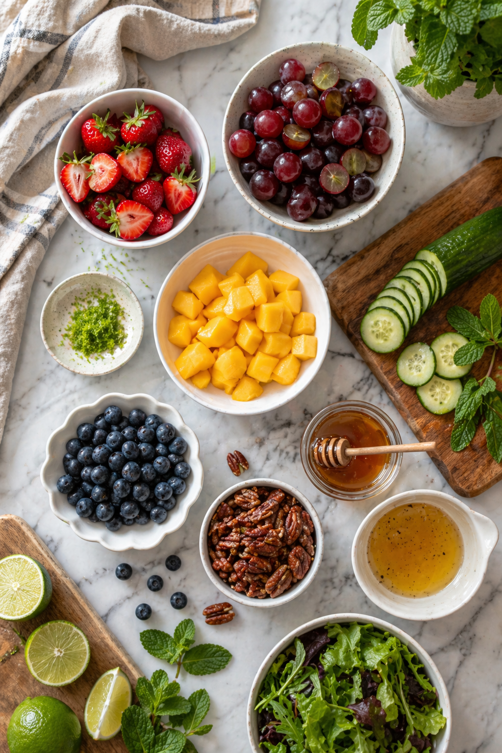 All salad ingredients laid out: strawberries, mango, grapes, blueberries, cucumber, pecans, honey, lime zest and mixed greens