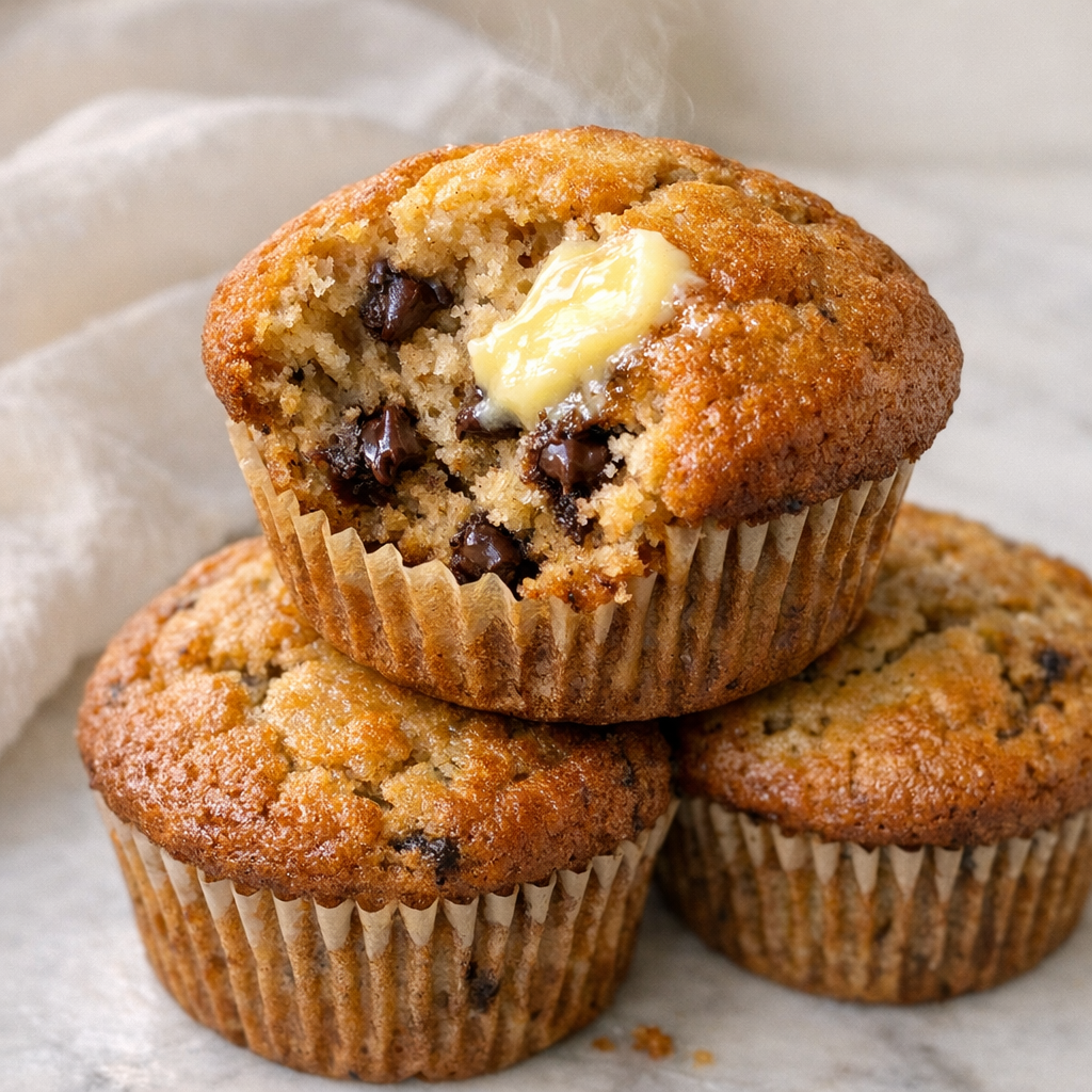 Stack of three banana chocolate chip muffins with butter melting inside — Pinterest-worthy close-up