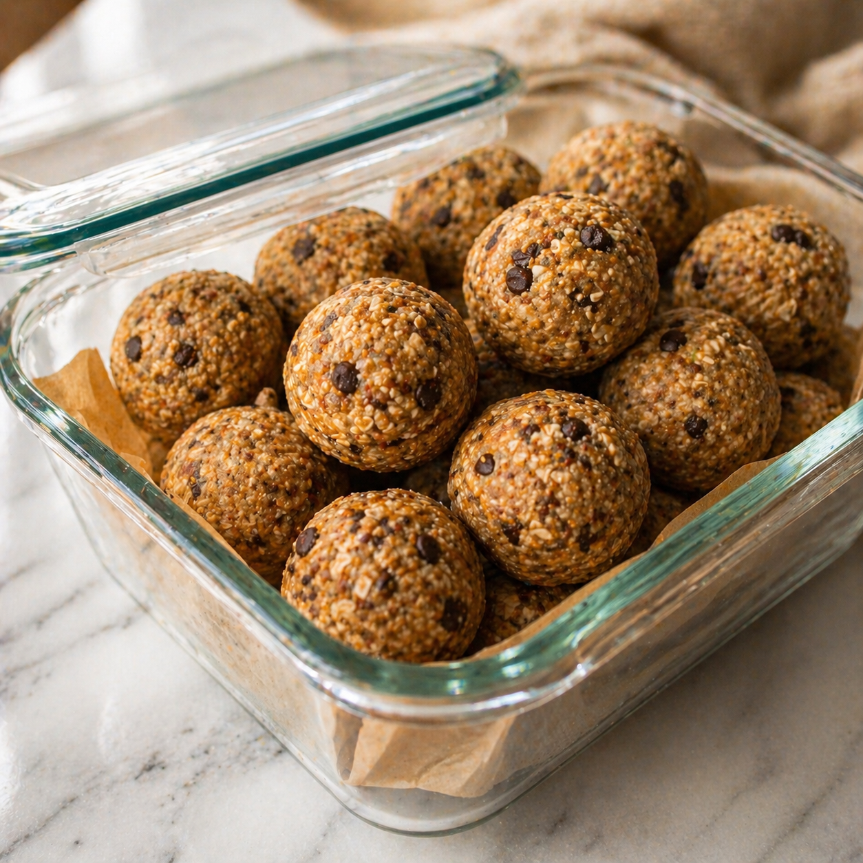 Finished peanut butter energy balls stored in an airtight container — ready to grab all week