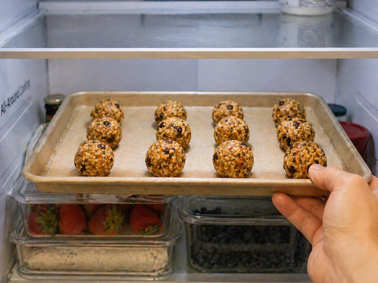 Energy balls chilling on the tray in the fridge — firming up to the perfect texture