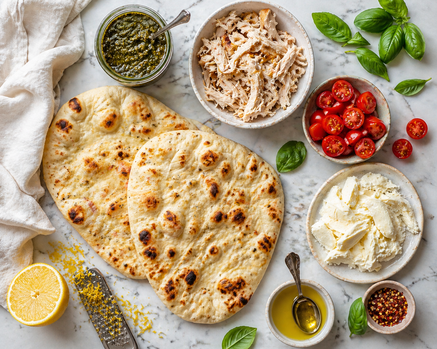All flatbread ingredients laid out: flatbreads, pesto, rotisserie chicken, cherry tomatoes, mozzarella, basil and olive oil