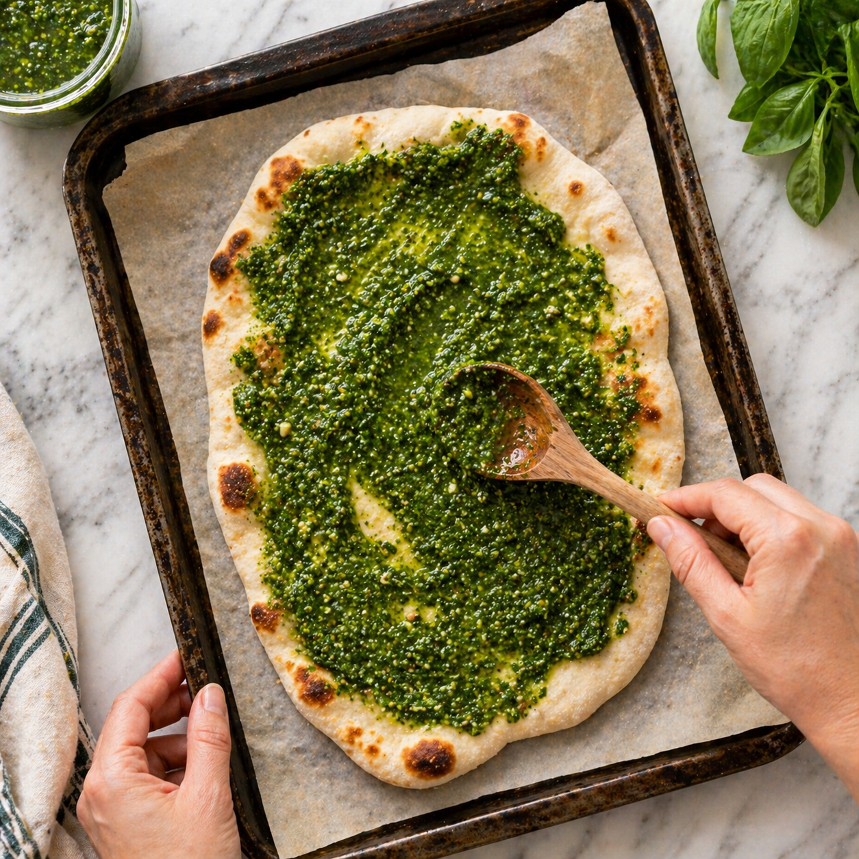Spreading generous pesto over flatbread on a parchment-lined baking sheet