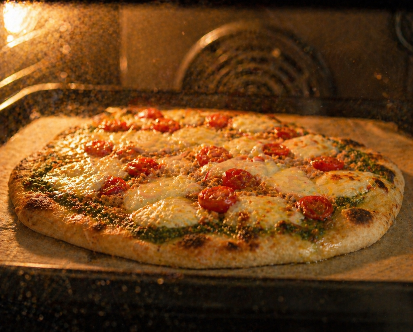 Flatbread baking in the oven — edges golden and mozzarella melted and bubbling