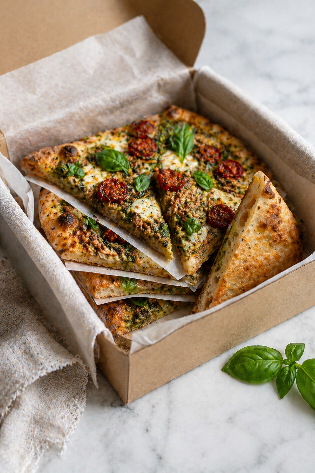 Chicken pesto flatbread sliced into pieces and layered with parchment paper for packing