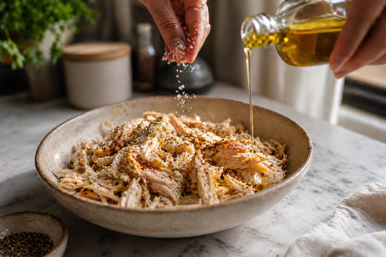 Shredded rotisserie chicken seasoned with salt, pepper and olive oil in a bowl