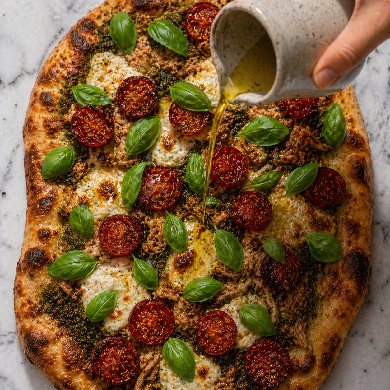 Baked flatbread finished with fresh basil and olive oil drizzle — cooling on the pan