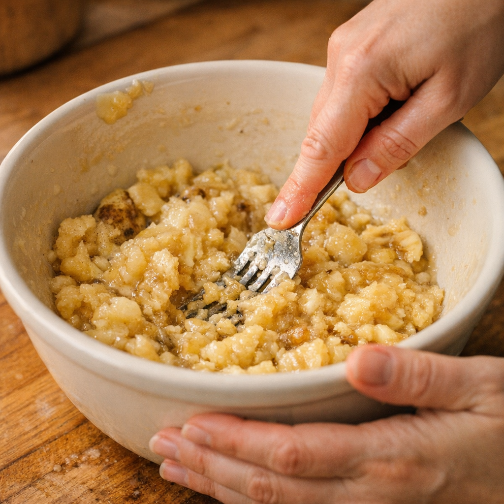 Close-up of hands mashing ripe bananas with a fork in a ceramic bowl