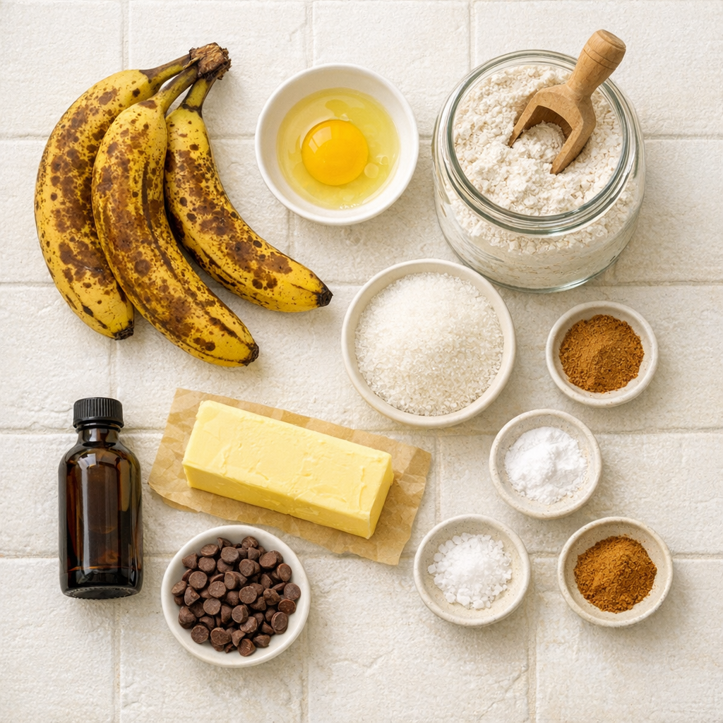 All ingredients laid out: overripe bananas, egg, flour, butter, sugar, chocolate chips and spices