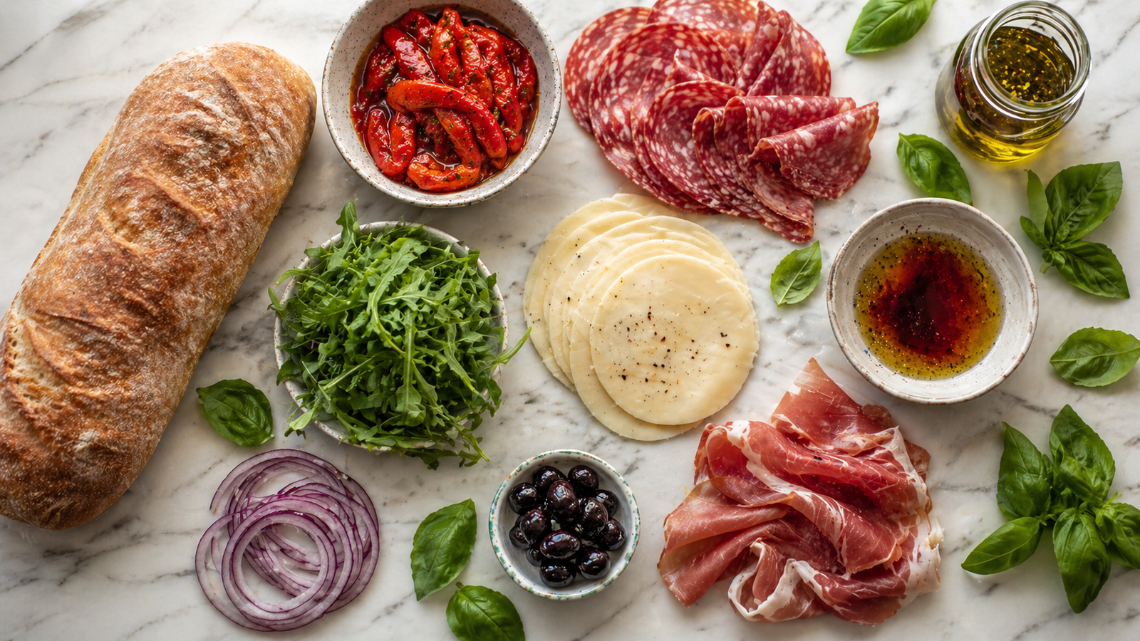 All pressed sandwich ingredients: ciabatta, salami, prosciutto, provolone, roasted peppers, basil, arugula and olives