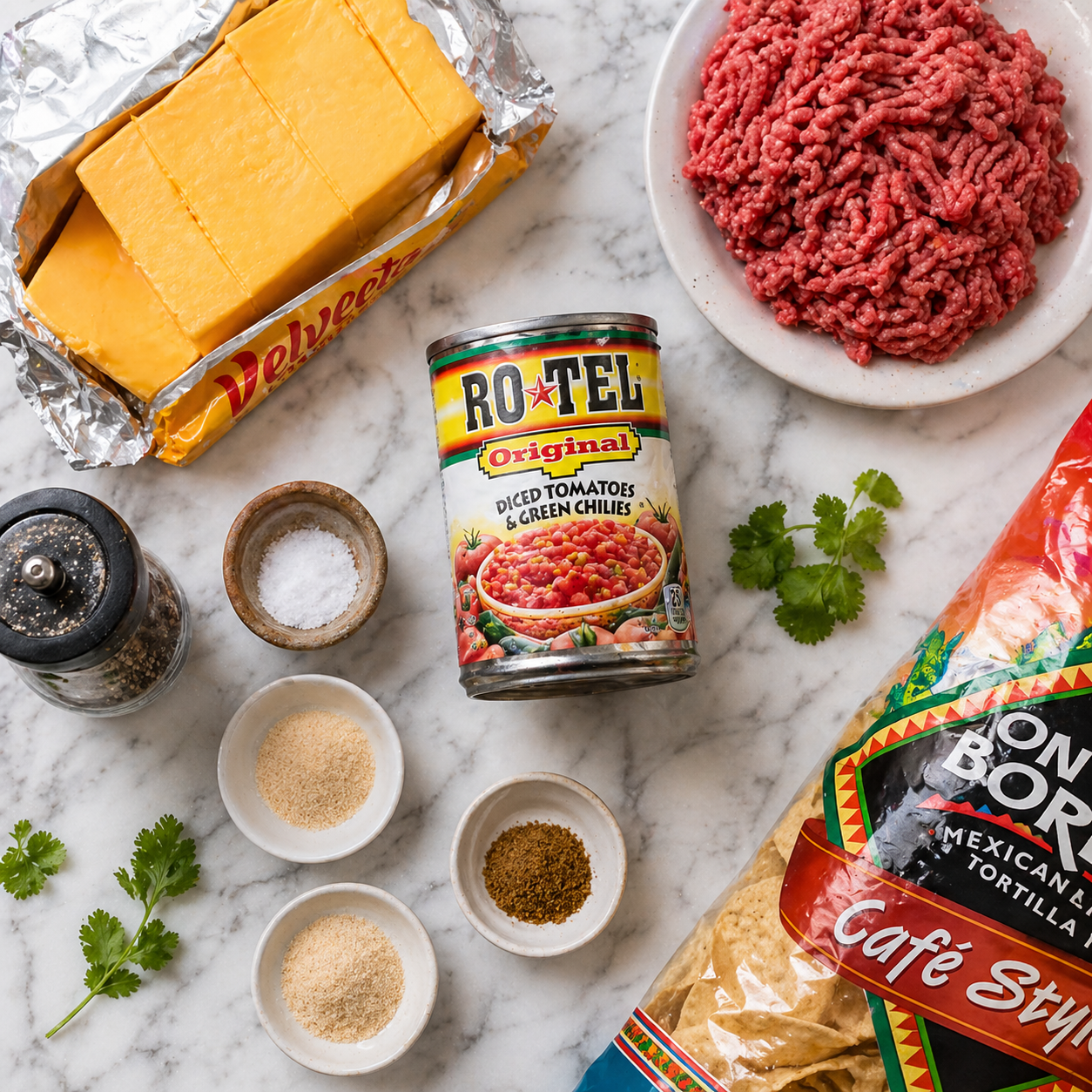 Rotel dip ingredients laid out — block of Velveeta cheese, can of Rotel tomatoes, ground beef, garlic powder, onion powder, cumin, salt and pepper