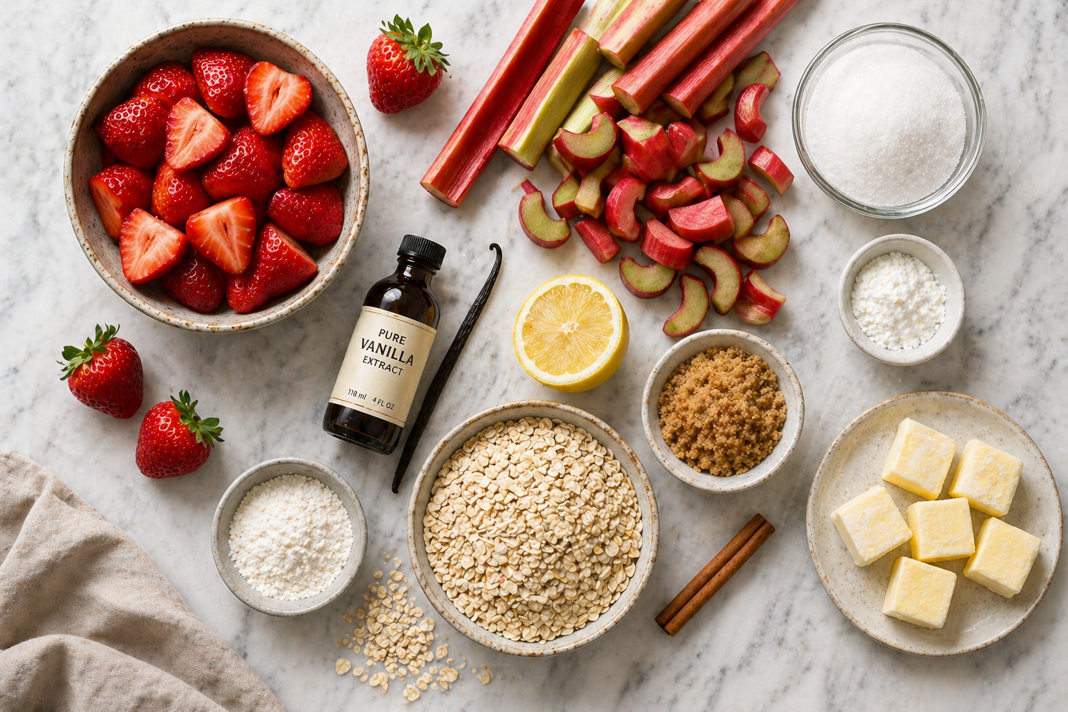 Flat-lay of strawberry rhubarb crisp ingredients including fresh strawberries, rhubarb, oats, butter, and sugar