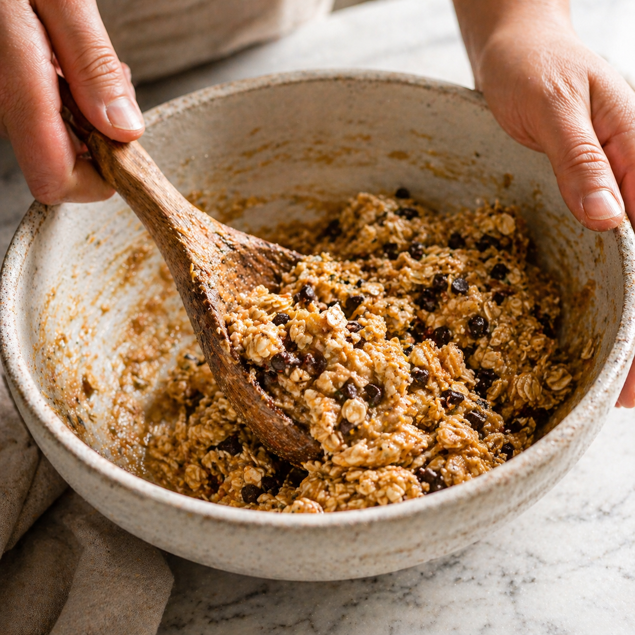 All energy ball ingredients mixed together in a large bowl — oats, peanut butter, honey and chocolate chips combined