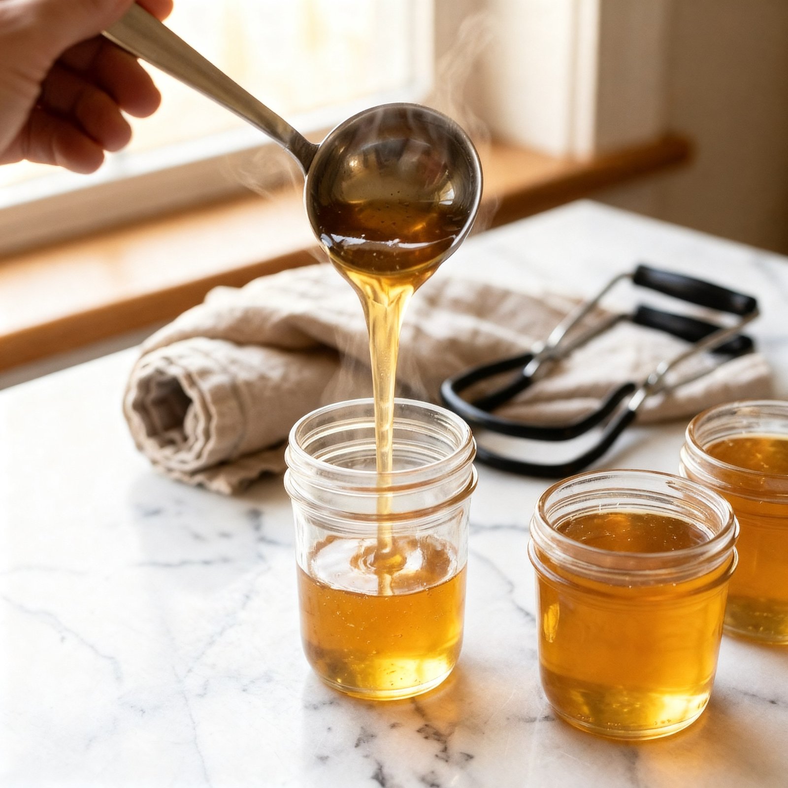 A ladle pouring steaming hot golden dandelion jelly in a thin stream into a small glass mason jar — two more filled jars with amber jelly beside it on marble, jar tongs and a linen cloth in the background