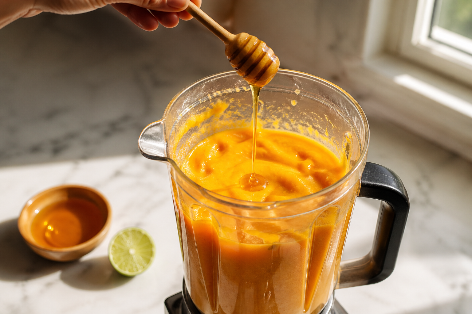 Hand holding a wooden honey dipper over an open blender jar of smooth orange mango smoothie — honey drizzling in a thin golden stream into the blender, a small honey bowl and halved lime on the marble beside it