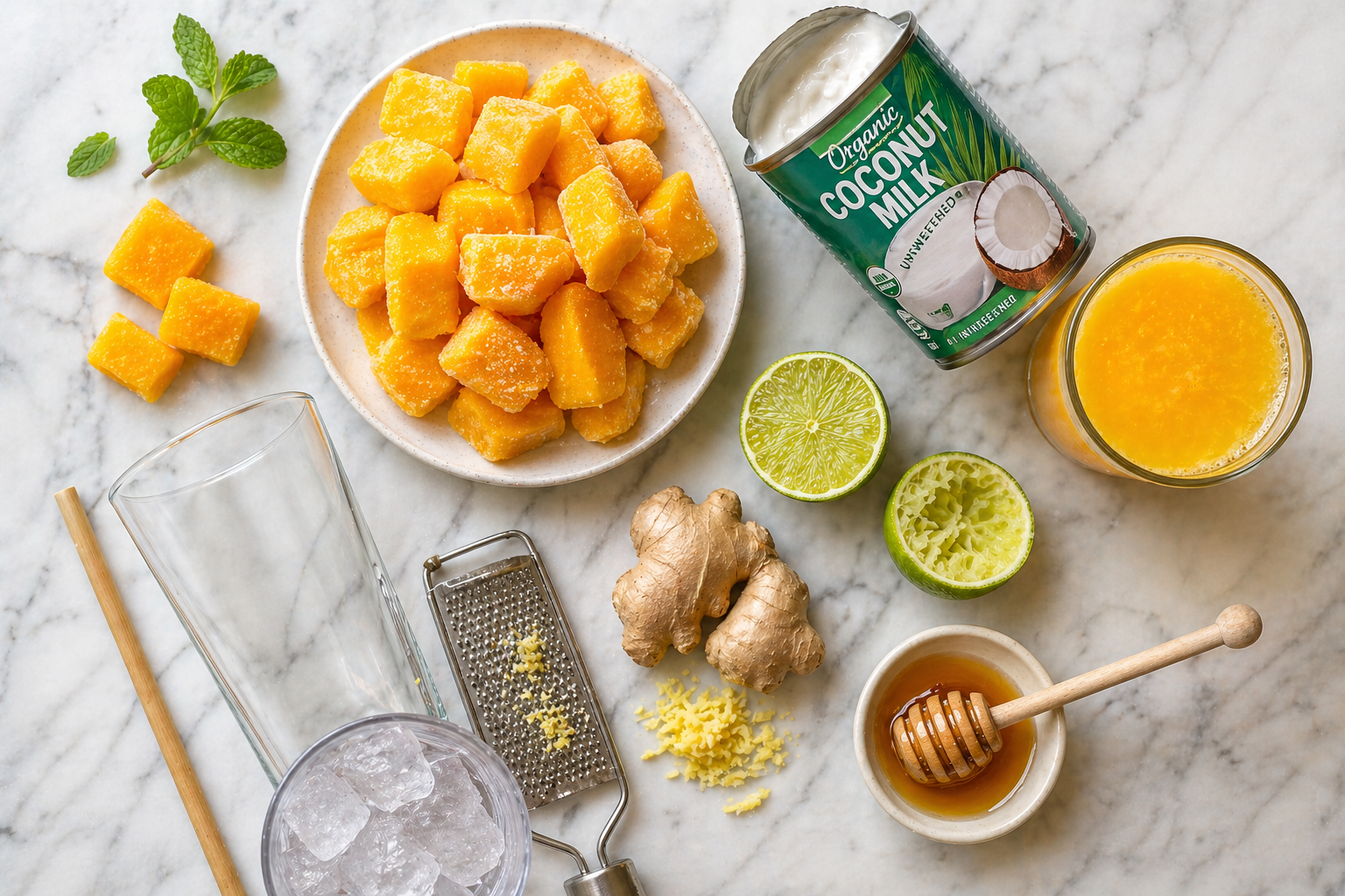 All mango smoothie ingredients laid out on white marble — frozen mango chunks on a plate, open can of organic coconut milk, glass of orange juice, halved limes, fresh ginger root with grater and grated ginger, small bowl of honey with dipper, ice cubes in a cup, tall glass and reusable straws