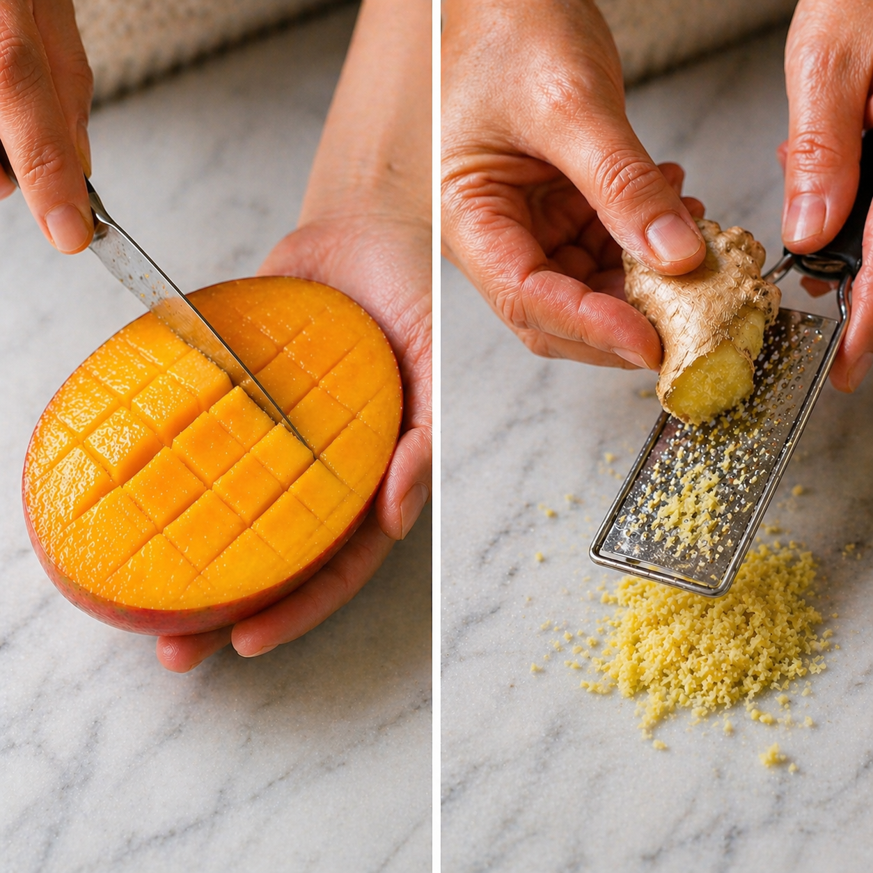 Two-panel prep shot — left: hands scoring a halved fresh mango with a knife in a crosshatch pattern; right: hand grating a knob of fresh ginger on a fine microplane grater, ginger shavings collecting on marble