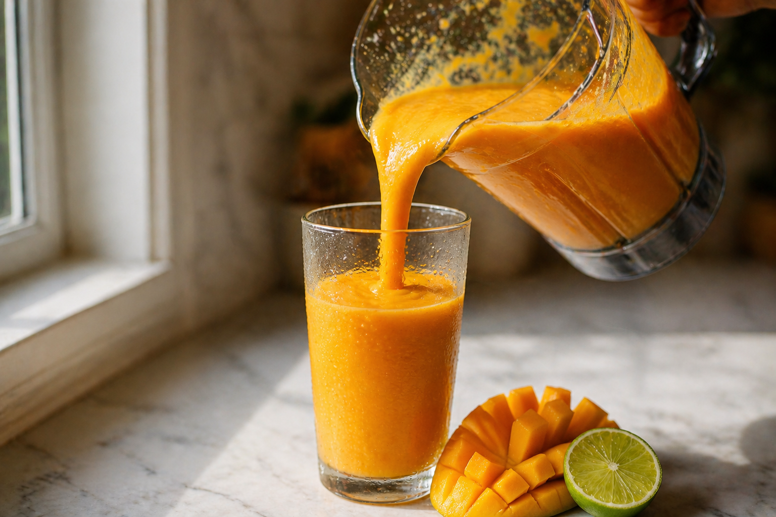 Blender jug tilted and pouring a thick stream of bright orange mango smoothie into a clear glass on marble — fresh mango chunks cut in a fan and a halved lime sitting beside the glass, natural window light